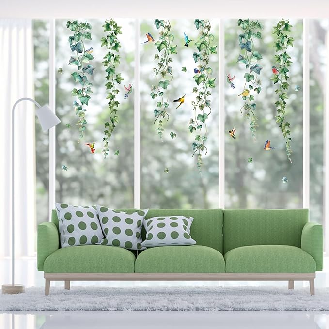 HLNIUC Nature Themed Wall Decal 35PCS Vine and Bird Self Stick Room Sticker Colourful Humming Bird Sticky Wall Decals Spring Day Wall Stickers Peel and Stick Natural Art Decal for Living Room