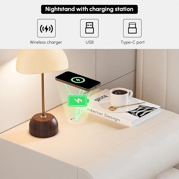homary 3-Drawer Smart Nightstands Set of 2 with Wireless Charging Station, USB & Type-C Ports, Faux Leather White Night Stands Modern Bedside Tables for Bedroom Storage, Fully Assembled