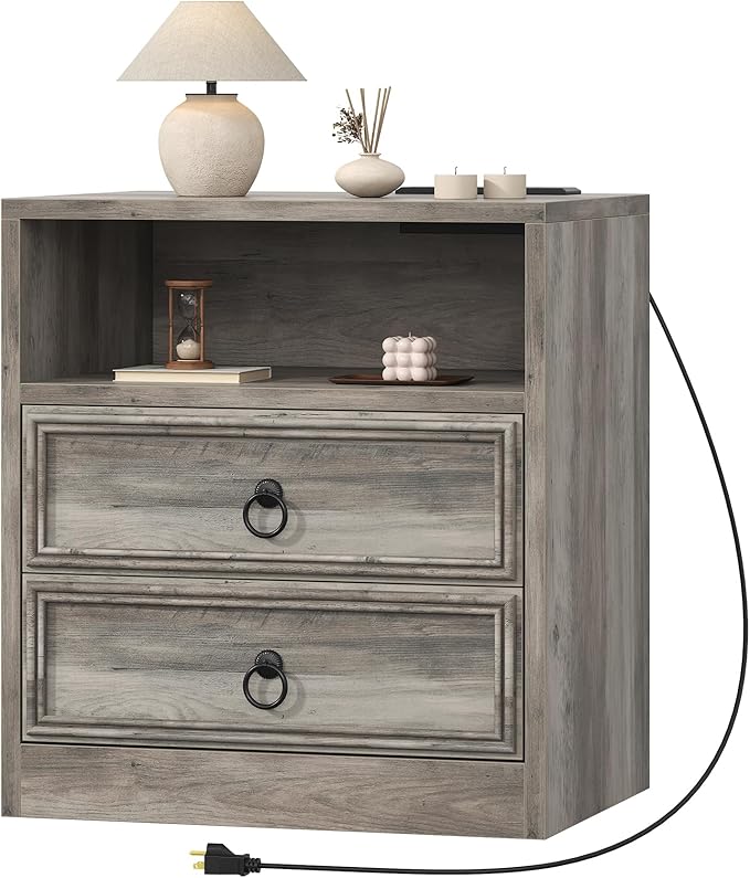 Farmhouse Nightstand with Charging Station, 21.7" Wide End Table with 2 Drawers & Open Compartment, Grey Wood Side Table, Bedside Table for Bedroom, Living Room, Sofa