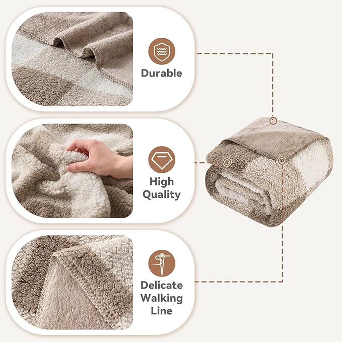 LURKA Checkered Sherpa Fleece Throw Blanket – Soft and Cozy, Medium Weight for All Season, Oversized Plush Throw for Couch, Bed & Pets, Khaki, 90x90 Inches