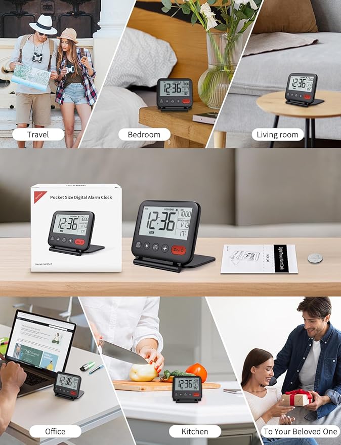 NOKLEAD Digital Travel Alarm Clock for Bedroom Office: Small LCD Desk Clock with Backlight Date Temperature Snooze 12/24H Weekend Mode and Mirror, Battery Powered Folding Bedside Clock for Adult Kids