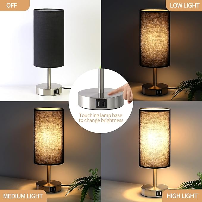 Bedside Lamp with USB Port - Touch Control Table Lamp for Bedroom Wood 3 Way Dimmable Nightstand Lamp with Round Black Shade for Living Room, Dorm, Home Office (LED Bulb Included) (Blacl2)
