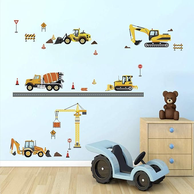 decalmile Construction Vehicles Wall Decals Trucks Tractor Cars Wall Stickers Baby Boys Bedroom Kids Playroom Wall Decor