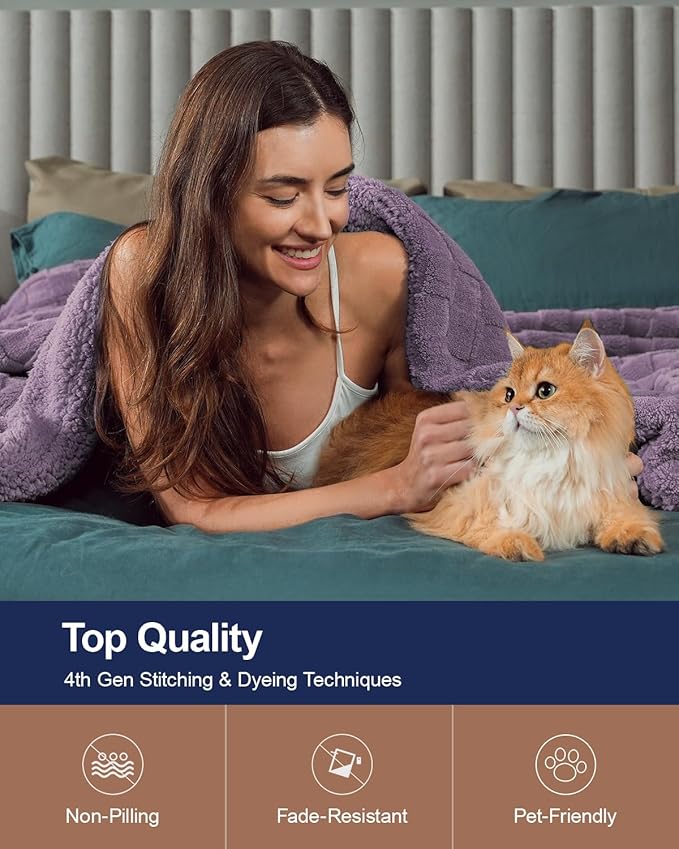 Pawque Super Soft Cozy Throw Blanket King Size for Couch Bed, Fluffy Sherpa Fleece Reversible Thick Warm Fuzzy Blanket for All-Season, 3D Checkered Jacquard Decorative Blankets, Purple, 108"x90"
