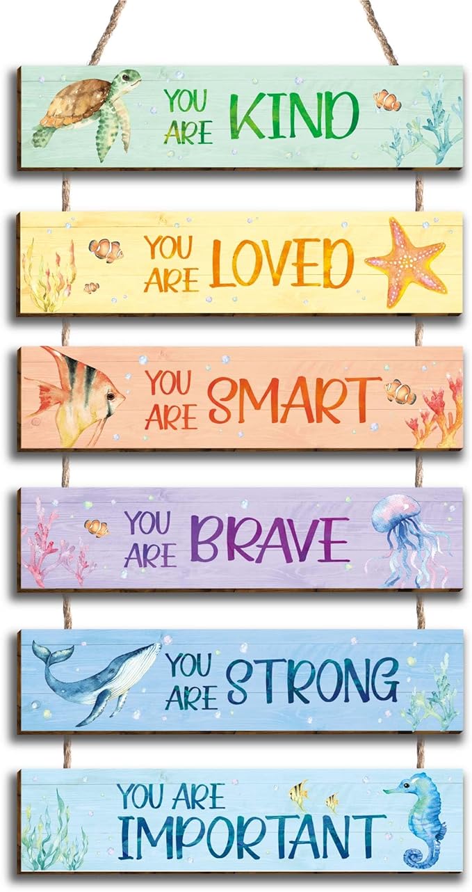 6 Pieces Ocean Decor Kids Room Decor, Watercolor Ocean Inspirational Wall Art Decor for Teens Children Bedroom Princess Toddler Room, Works of art Made of Wood, Works of Art of Wood, Placards of Woods