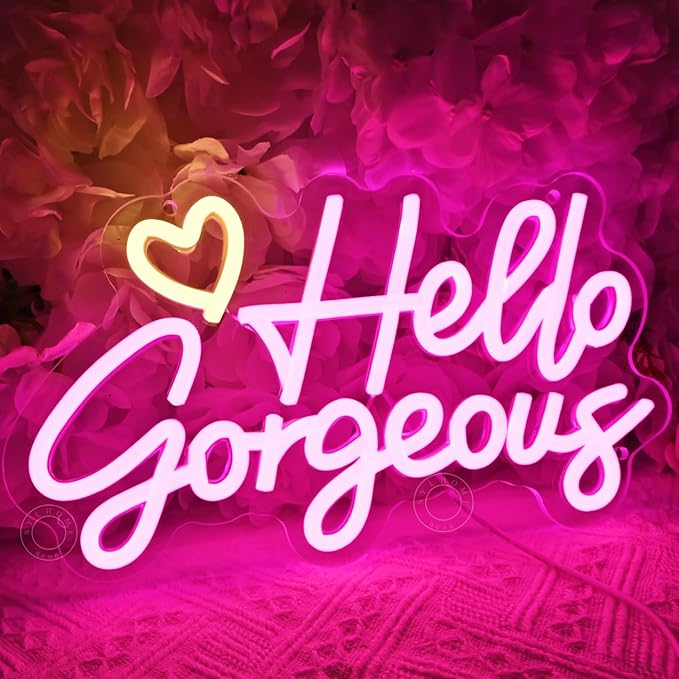 SYLHOME Hello Gorgeous Led Neon Light Sign Heart Bedroom Girls Room Wall Decor Sign Bar Beauty Studio Salon Wedding Birthday Christmas Party Decoration 11.8" X 6.8" USB