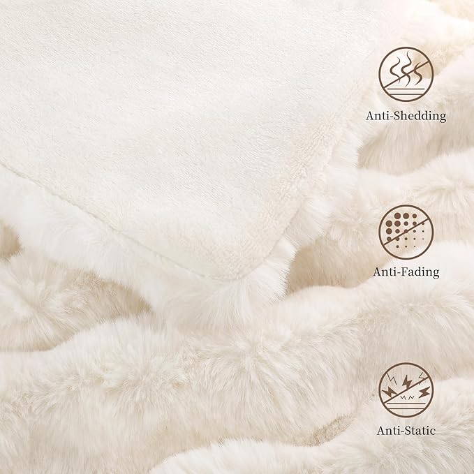 Faux Rabbit Fur Throw Blanket for Couch, Fluffy Warm Plush Thick Bubble Blanket for Bed Sofa Living Room, Soft Cozy Furry Blanket, 60x80 inches, Cream White