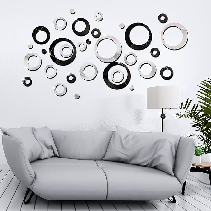 Outus 72 Pieces Wall Stickers Decor Acrylic Circle Mirror Removable Black and Sliver Wall Decor Round Dots DIY Red Living Room Decals Modern Art Murals for Home Bathroom Bedroom Decoration