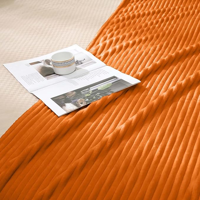 Vessia Flannel Fleece Twin Size Blanket for Bed,Couch,Sofa(60x80inch), 300GSM Microfiber Burnt Orange Striped Bed Blanket for Adults, Super Soft Warm Cozy Lightweight Ribbed Decor for All-Season