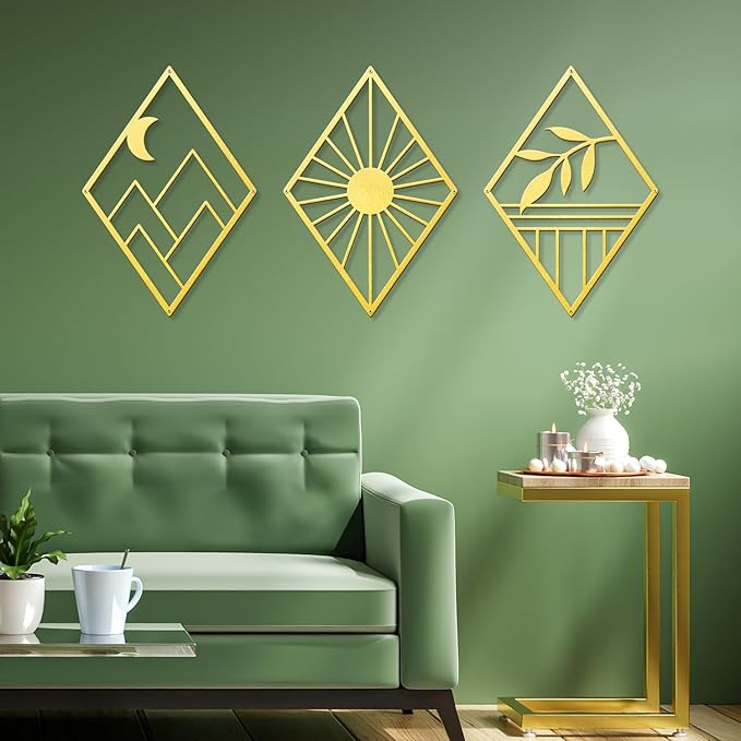 Sokurdeg Gold Metal Wall Art, Boho Minimalist Geometry Wall Art, Bohemian Abstract Line Metal Art Wall Decor for Bedroom Bathroom Living Room (3 Pack, 12 x 17 in)
