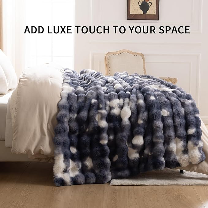 Cozy Faux Fur Throw Blanket for Couch-Warm Fuzzy Throw Blanket, Soft Plush Thick Bubble Blankets for Bedroom and Living Room, Furry Luxury Blanket, 50 x 60,Tie-Dye Blue