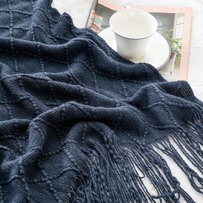 BATTILO HOME Navy Blue Throw Blanket with Fringe, Geometric Bed Blue Throws, Spring Decorative Large Throw for Couch Sofa Indoor Outdoor, 52"x80"