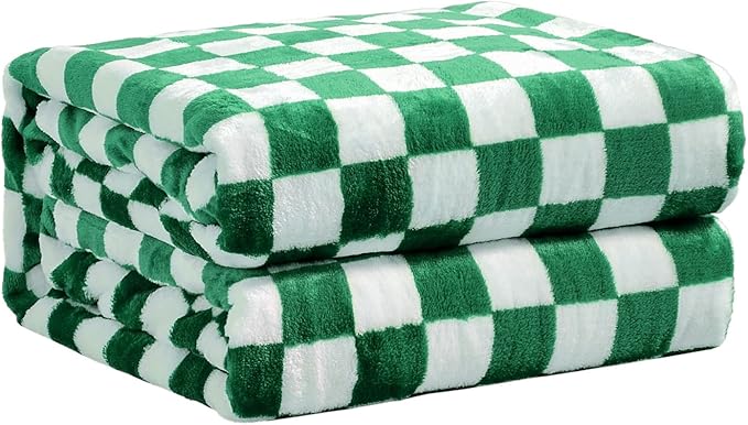 FY FIBER HOUSE Checkered Flannel Fleece Throw Blanket King Size Soft Cozy Checkerboard Grid Print Chessboard Gingham Pattern Blankets for Bed Couch Sofa, 90"x108", Green
