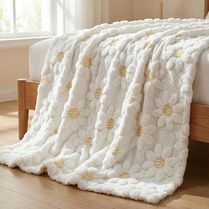 Horaldaily Spring Summer Blanket Throw, White Sunflower Soft Fuzzy Plush Faux Fur Cozy Blankets for Couch Sofa Bed Lounging, Ideal Gifts for Kids Adults Wife Self, 50x60