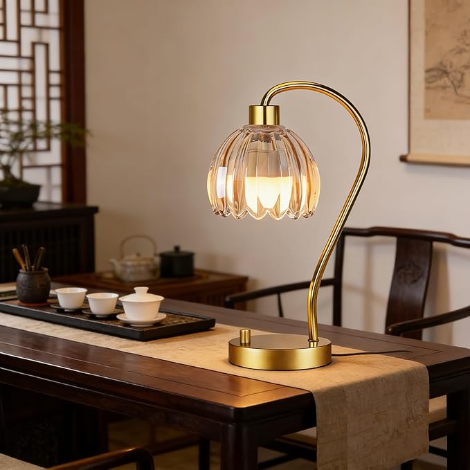 Small Table Lamp Set of 2,Gold Bedside Lamps Dimmable Boho Bedroom Lamp with Glass Tulip Flower Amber Lamp Shade,Vintage Mid Century Modern Mini Nightstand Lamp for Bedroom Living Room
