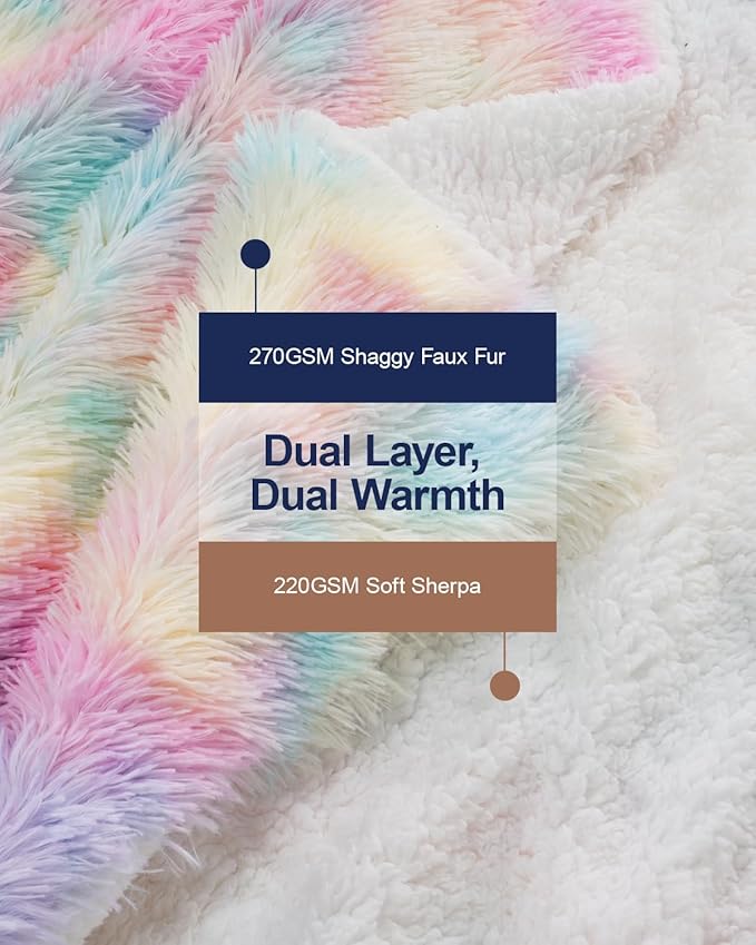 Pawque Faux Fur Sherpa Fleece Blanket Twin Size Rainbow - Fluffy Warm Plush Blankets for Bed, Cozy Thick Lightweight Reversible Decor for Winter Sofa Couch, 60x80 inches