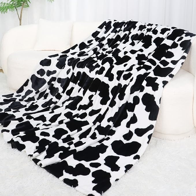 Soft Black and White Blanket Throw Cow Print Gifts Stuff 50x60inch Lightweight Cozy Fuzzy Fleece Blanket for Women Men Teenage Girls Boys Bed Couch