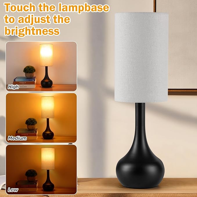Touch Table Lamp for Nightstand, 3-Way Dimmable, Space Saving & No Assembly Required, Upgraded Small Farmhouse Black Bedside Lamp for Bedroom, Living Room, Office (Bulb Included)