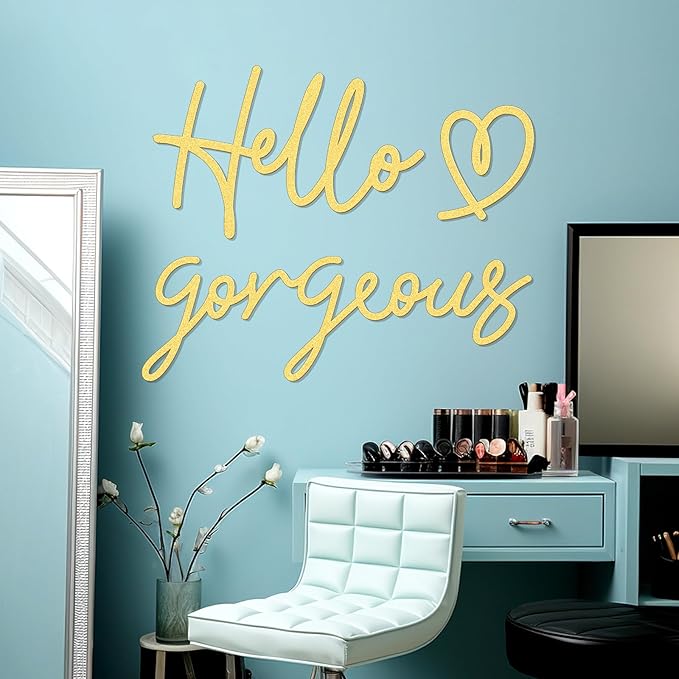 Bnesi Hello Gorgeous Heart Sign Wall Decor Black Metal Wall Decor Modern Hello Gorgeous Elegant Metal Wall Art Decor for Bathroom, Bedroom, Lash room (Gold, Large)