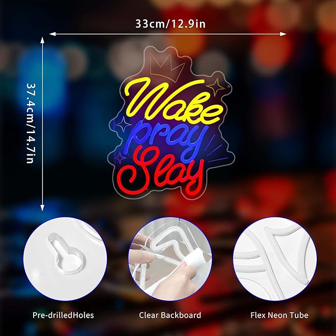 Wake Pray Slay Neon Sign, Neon Signs for Wall Decor Neon LED Signs Room Neon Light Up Signs Home Decor for Bedroom Club Party Bar Shop USB Operated