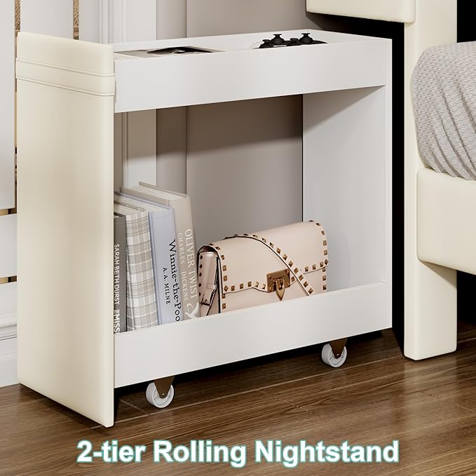 Queen Bed Frame with Headboard and Wheeled Nightstand, PU Leather Upholstered Platform Bed with LED&Charging Station for Bedroom, No Box Spring Needed, Noise Free, Suit for Couple/Single, Beige