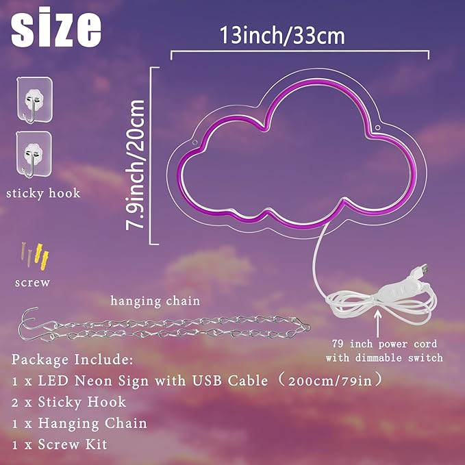 Cloud Neon Sign Cute Purple Clouds LED Light Sign for Wall,13 * 7.9in Dimmable USB Floating Clouds Light Up Sign for Living Room Kid Bedroom Nursery Birthday Christmas Wedding Party decor