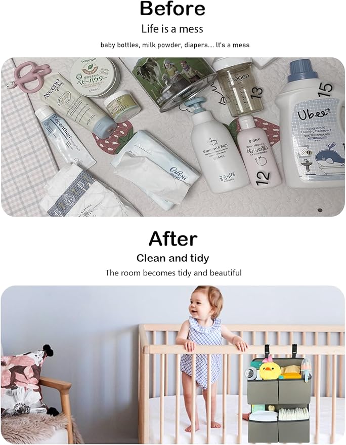 Hanging Diaper Organizer for Crib/Playpen/Bassinet – Hold 80+ Diapers - 4 Deep Pockets-H19in x L15 in Changing Table Diaper Holder - Hanging Diaper Storage Stacker Nursery Caddy - Gray