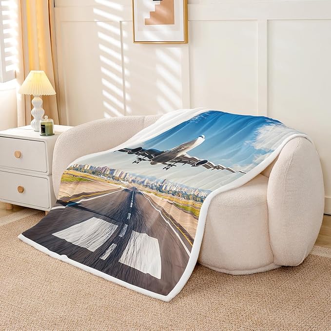 Erosebridal Aircraft Throw, Aviation Airplane Sherpa Blanket for Kids Teens Adults, Runway Track Fleece, Taking Off Fuzzy Baby 30"x40" White Blue Sofa Decoration