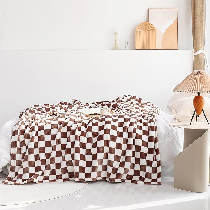 LOMAO Throw Blankets Flannel Blanket with Checkerboard Grid Pattern Soft Throw Blanket for Couch, Bed, Sofa Luxurious Warm and Cozy for All Seasons (Coffee, 60"x80")
