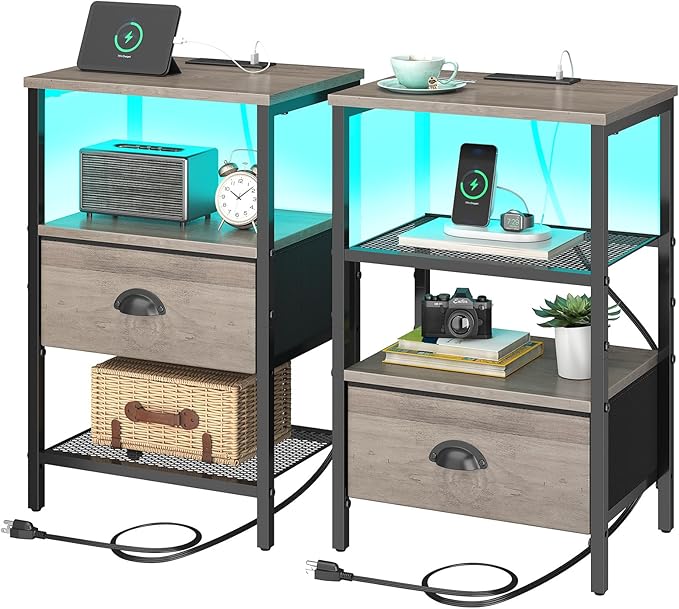 Nightstands Set of 2, LED Night Stands with Charging Station and Fabric Drawer, Bedside Tables with Drawers, 2- Tier LED Side Table End Table Charging Station Livingroom Bedroom, Grey
