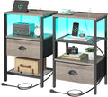 Nightstands Set of 2, LED Night Stands with Charging Station and Fabric Drawer, Bedside Tables with Drawers, 2- Tier LED Side Table End Table Charging Station Livingroom Bedroom, Grey