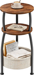 Small Side Table for Small Spaces with Storage Basket, Round End Table 3-Tier NightStand Sofa Corner Table for Living Room, Bedroom, Patio and More 24in Tall Rustic Brown