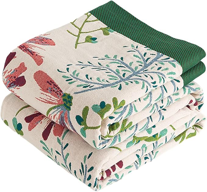 Boho Throw Blanket, 100% Organic Cotton Breathable Ultra Soft 80" x 90" Bed Quilt Throw - All Season Floral Rustic Farmhouse Decor Luxury Reversible Blanket for Sofa Couch Chair and Gift