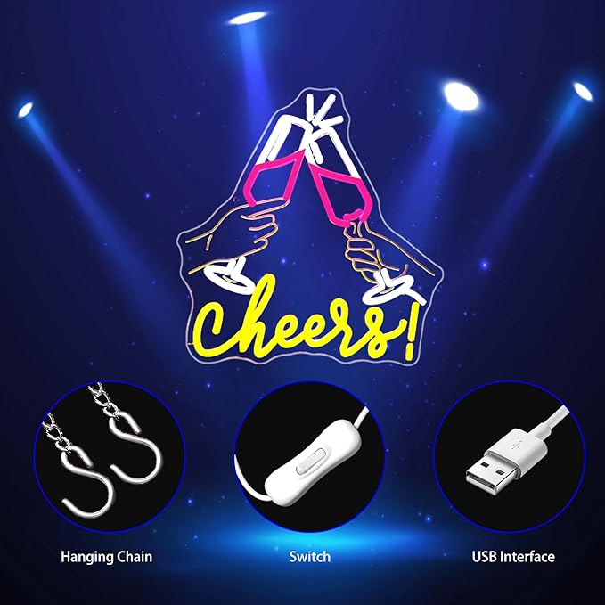 Neon Sign, Cheers Neon Signs for Wall Decor - LED Signs for Home, Party, Bars, Club - USB Powered Light Up Sign Decorations