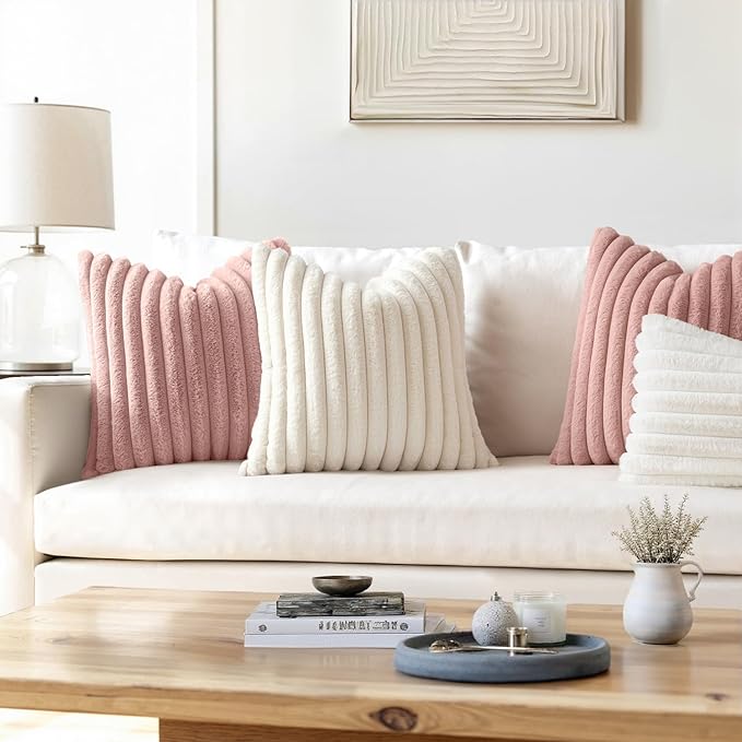 MIULEE Faux Fur Lumbar Valentines Decorative Throw Pillow Covers 12x20 Inch Set of 2, Modern Spring Home Decor Cute Soft Plush Couch Pillows Cozy Fluffy Cushion Covers for Sofa Bed Blush Pink