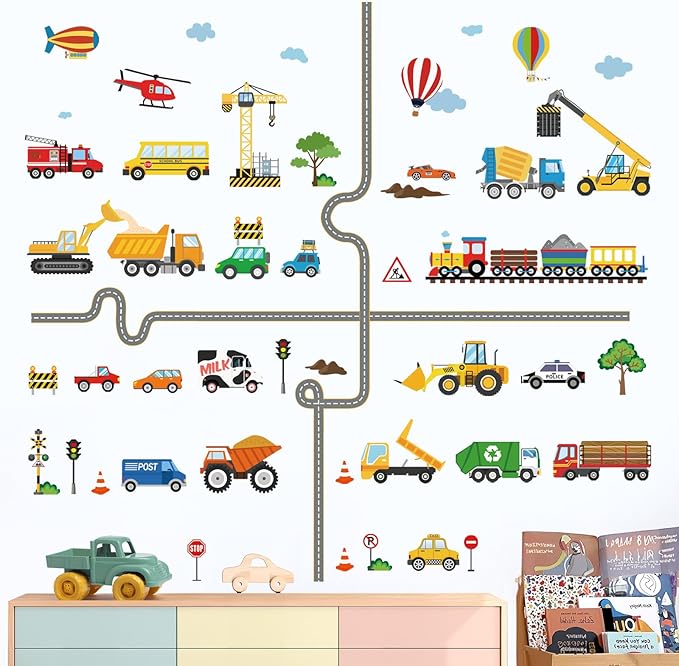 decalmile Car Road Wall Stickers Transports Vehicles Construction Truck Wall Decals Baby Nursery Kids Bedroom Playroom Wall Decor