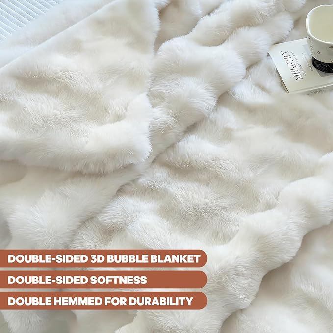 Luxury Double-Sided 3D Bubble Faux Fur Throw Blanket – Ultra Plush & Fluffy Cream White Cozy Blanket for Couch, Sofa & Bed | Soft Gift for Women, Birthday, Housewarming, 60" x 80"