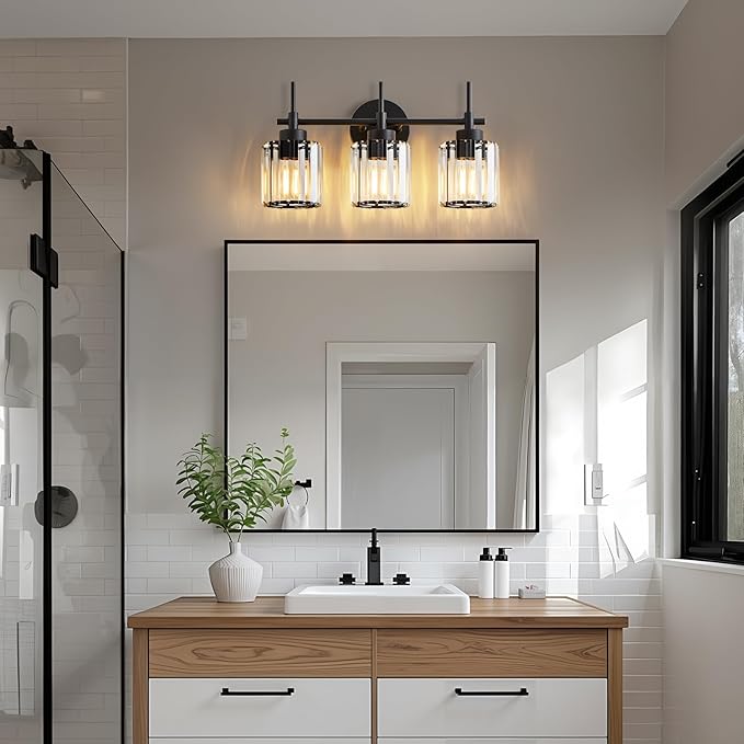 3 Light Black Crystal Vanity Light, Modern Bathroom Vanity Light Over Mirror, Up and Down Mount Wall Sconce Lighting for Bathroom Bedroom Living Room Hallway