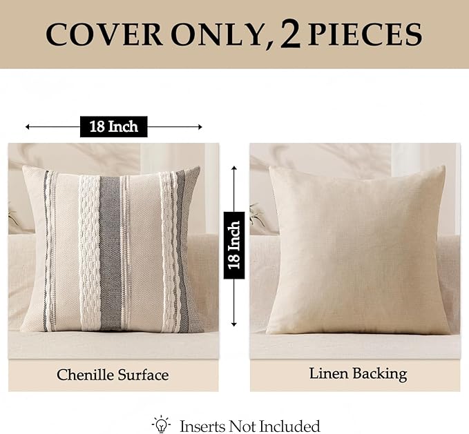 ANRODUO Pack of 2 Boho Decorative Throw Pillow Covers 20x20 Farmhouse Cushion Case Striped Chenille Pillow Cases Square Pillow Covers Accent Neutral Pillowcase for Sofa Couch Bed, White Stripe