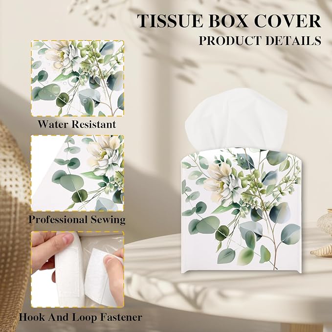 Leaves and Flowers Tissue Box Cover, Watercolor Green Tissue Holder Square with Bottom Belt for Home Bathroom Office Vanity Countertop, Housewarming Gifts Ideas for Women Friends Mom Bestie -01