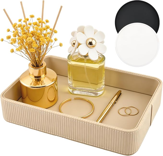 Desk Organizer Tray,PU Leather Valet Tray Modern Nightstand Organizer,Decorative Vanity Trays for Key Watch Wallet Perfume,Keeps Things Organized,Bedside Desktop Storage