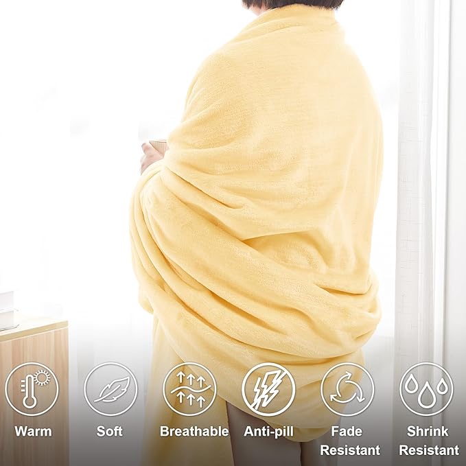 Hansleep Fleece Cream Yellow Queen Blanket, Super Soft Flannel Fuzzy Plush Cozy Blanket for All Seasons, Cream Yellow, Queen 90x90 Inches