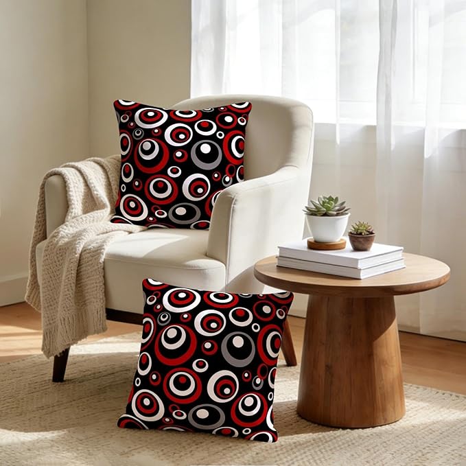Red and Black Circular Pattern Throw Pillows Covers 18x18 Inch Set of 2, Gray Modern Abstract Pillowcases, Grey Geometric Circle Cushion Covers for Sofa Living Room Couch Bedroom, Modern Home Decor