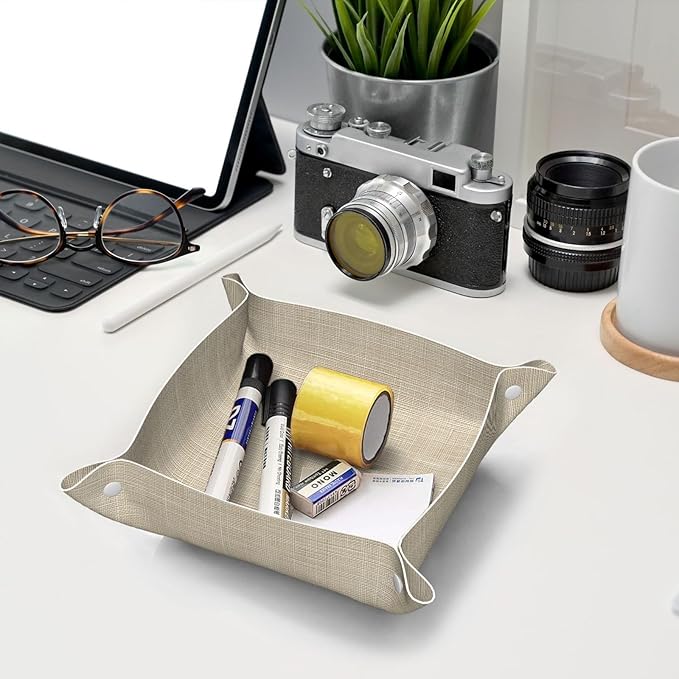 Light Beige Graident Texture Linen Valet Tray Leather Desktop Storage Organizer Bedside for Jewelry Keys Coin Candy