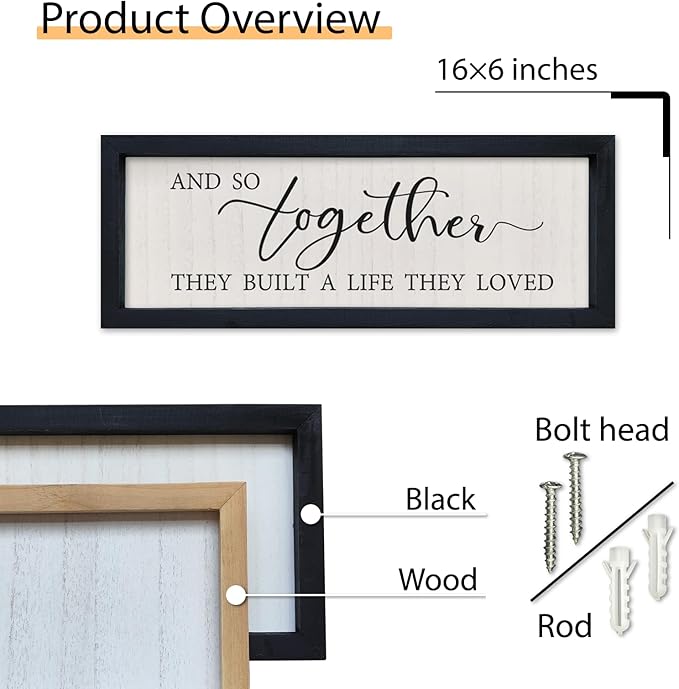 SRSZHIYUE And So Together They Built A Life They Loved Wall Decor 16"×6" Master Bedroom Above Bed Sign Wood Framed Wall Hanging Art (Black)