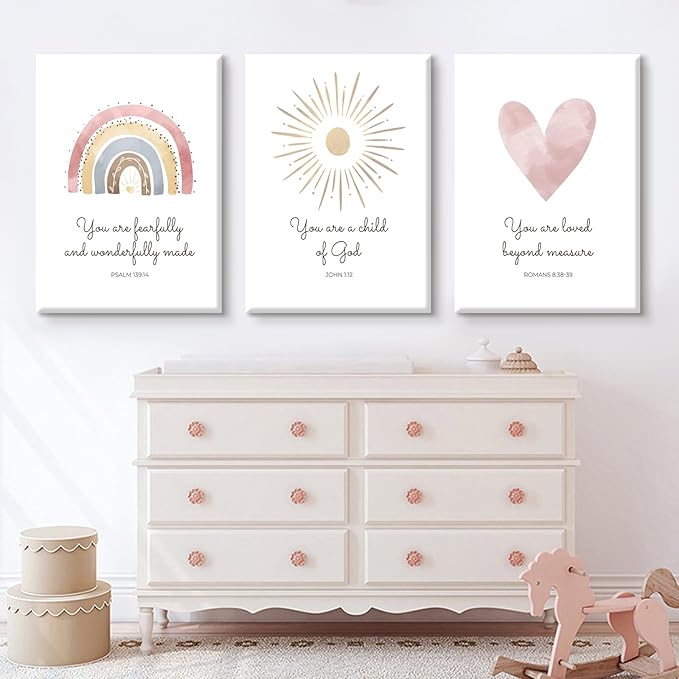 Boho Nursery Wall Art 3 Pieces Bible Verse Nursery Canvas Wall Decor Christian Baby Girls Wall Art Heart Rainbow Sun Pictures Boho Sunshine Prints for Girl Baby Kid Room 16x24 Inch Wrapped Canvas
