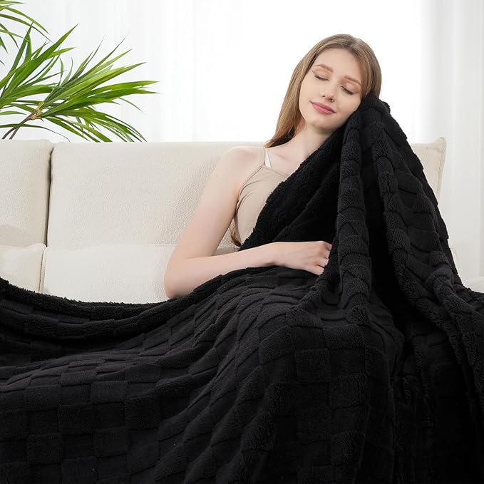 Zyrah Black Fleece Twin for Couch Super Soft Twin Blanket 3D Checkered Design Lightweight Decorative Fuzzy Cozy Blankets for Sofa Chair Bed 60x80 Inches
