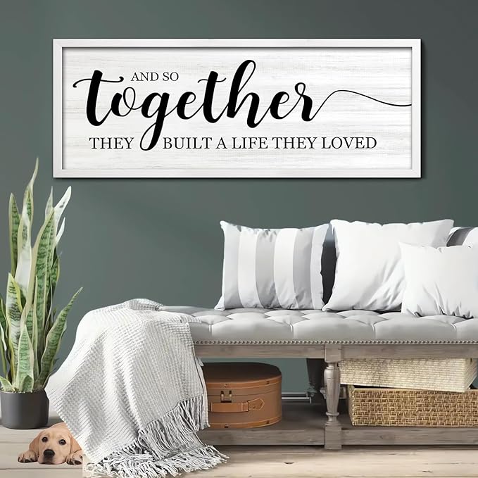 And So Together They Built A Life They Loved Decorative Rustic Sign & Plaque Framed Wall Art for Couples, 40''×15'' Vintage Horizontal Wooden Wall Decor Above Bed, Farmhouse Wedding Gift