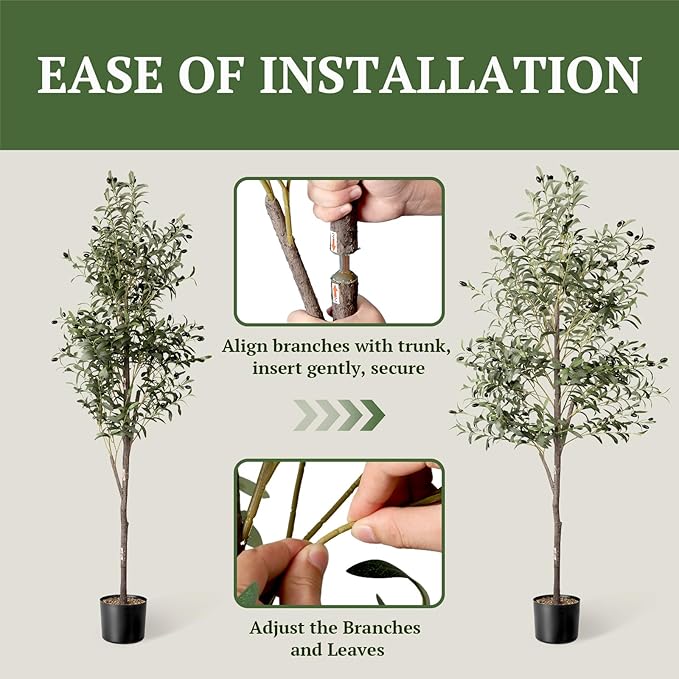 Waterproof Artificial Olive Tree, 5.5 FT Tall Faux Olive Tree for Home Indoor Decor, Floor Plant with Textured Leaves Fruits, Realistic Wood-Grain Trunk, Fake Plant for Living Room Bedroom Office