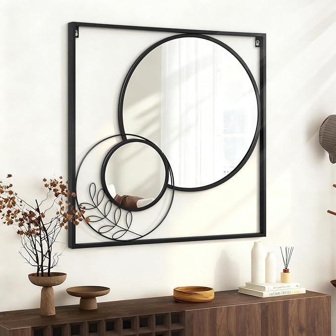Black Large Square Mirror, Round Wall Mounted Mirror Set Circle Modern Decorative Mirrors for Living Room Bedroom Entryway 30x30 Inch Decor